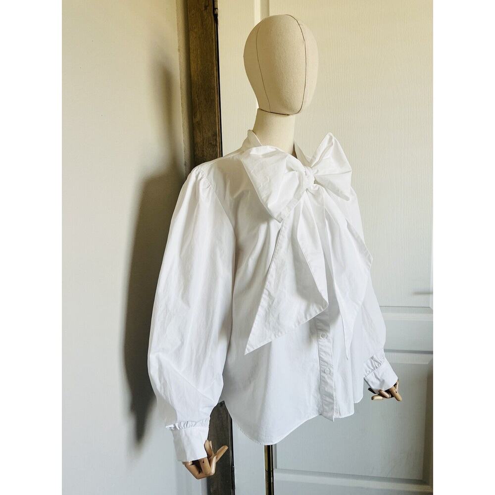 Anthropologie White Bow-Tie Puff Sleeve Blouse - Picture 8 of 16